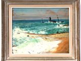 une peinture à l'huile représentant une scène de plage avec un bateau dans l'eau