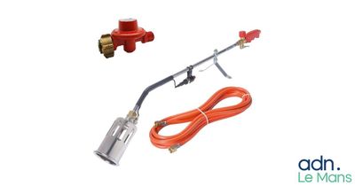 a close up of a hose and a red valve on a white background