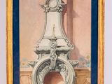 tableau encadré représentant une cheminée sur laquelle est posée une horloge