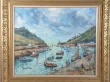 a painting of a harbor scene with boats in the water