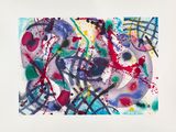 an abstract painting of various colors and shapes on a white background