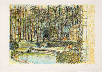 dessin représentant un parc avec un étang et un pont au milieu