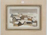 an image of a painting of a snowy landscape with houses in the foreground