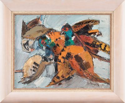 an oil painting of a horse and a skull in a white frame