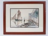 framed watercolor painting of a sailboat in a harbor