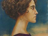 un tableau représentant une femme aux cheveux bouclés, vêtue d'une robe violette