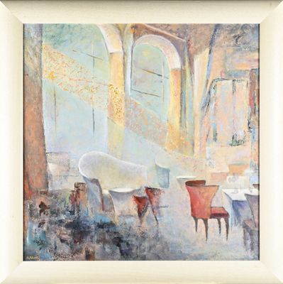 une image représentant une peinture d'une salle à manger avec des chaises et une table