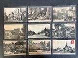 several old black and white photos of a street with people and buildings