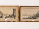 two framed drawings of a city scene with a man on a horse and a woman on a horse