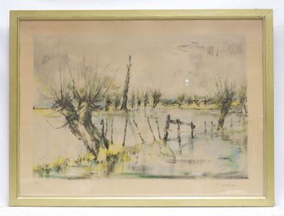 an image of a painting of a river with trees in the foreground