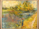 an oil painting of a man fishing on a river with trees in the background