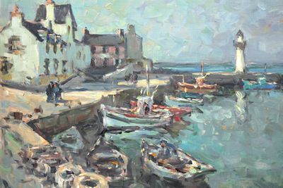 a painting of boats in a harbor with a lighthouse in the background