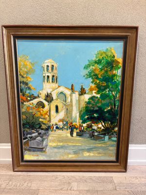 painting of a church with a clock tower in the middle of it