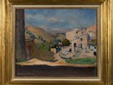 an image of a painting of a village in a golden frame