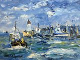 painting of a painting of boats in the ocean with a lighthouse in the background