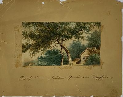 a picture of a painting of a house and a tree