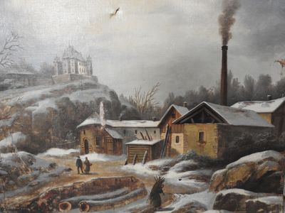 un tableau représentant un village sous la neige, survolé par un oiseau