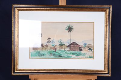 aquarelle encadrée représentant un village avec un palmier au premier plan