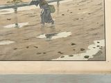 a painting of a woman walking on the beach with an umbrella
