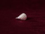 a close up of a silver ring on a red cloth