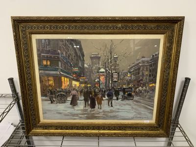 un tableau représentant une scène de rue en ville avec des passants qui marchent dans la rue