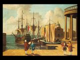 painting of a group of people standing next to a boat on a body of water