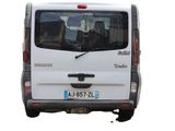 rear view of a white van with a dog sitting in the passenger seat