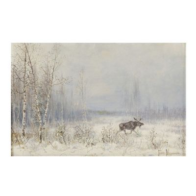 un tableau représentant un élan dans un paysage enneigé parsemé d'arbres