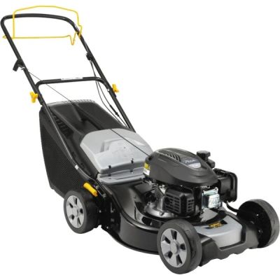 a black and yellow lawn mower on a white background