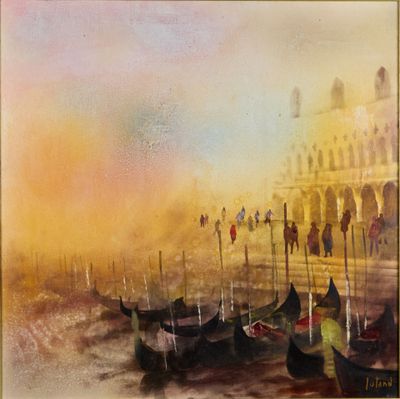 une peinture à l'huile représentant des bateaux dans un port, avec un bâtiment en arrière-plan