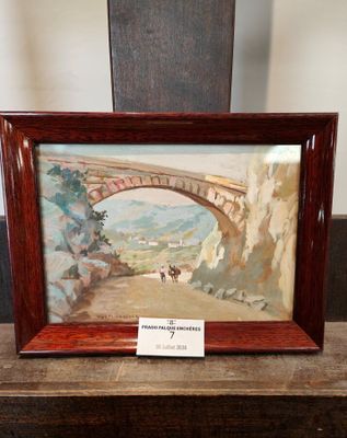 une image d'une peinture représentant un pont sur une rivière