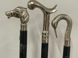 three silver and black walking canes in a holder