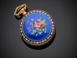 an image of a blue and gold pocket watch with a rose painted on it