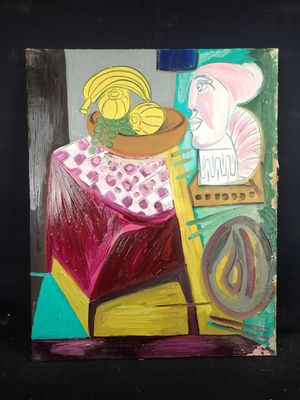 un tableau représentant une femme assise à une table sur laquelle se trouve un bol de fruits