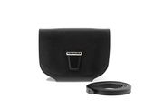 the small black bag is next to a belt on a white background