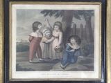 painting of three children holding baskets of flowers in a wooded setting