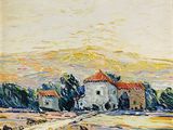une peinture à l'huile représentant une scène de vie à la ferme avec des moutons paissant dans un champ