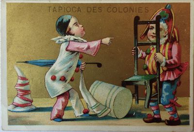 une vieille carte postale sur laquelle figurent un clown et un autre clown