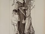 an old picture of a woman and a child in front of a tree