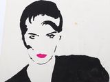 painting of a woman in black and white with a pink lipstick
