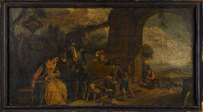 un vieux tableau représentant un groupe de personnes devant un bâtiment