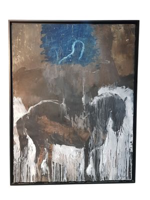 painting of a bison and calf in a field with a blue sky