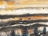 une image représentant un tableau de paysage avec des oiseaux volant au-dessus de l'eau