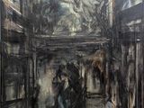 an image of a painting of a hallway with people walking through it