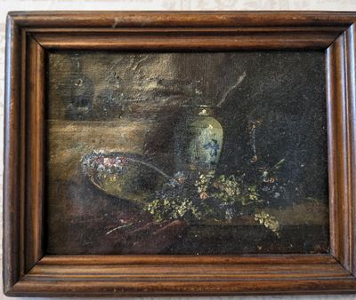 a picture of a painting of a vase with flowers in it