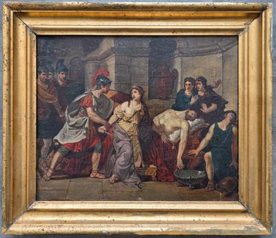 un vieux tableau représentant une femme emmenée à l'hôpital