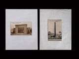 two old photos of a building with a clock tower in front of it