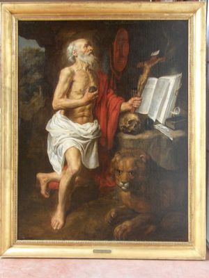un vieux tableau représentant un homme en train de lire un livre, avec un chien à ses côtés