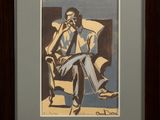 painting of a man sitting in a chair with a cigarette in his mouth