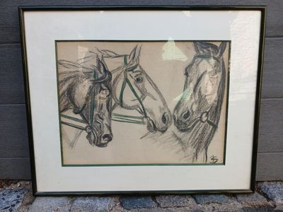 dessin représentant deux chevaux, réalisé à la plume et à l'encre sur papier